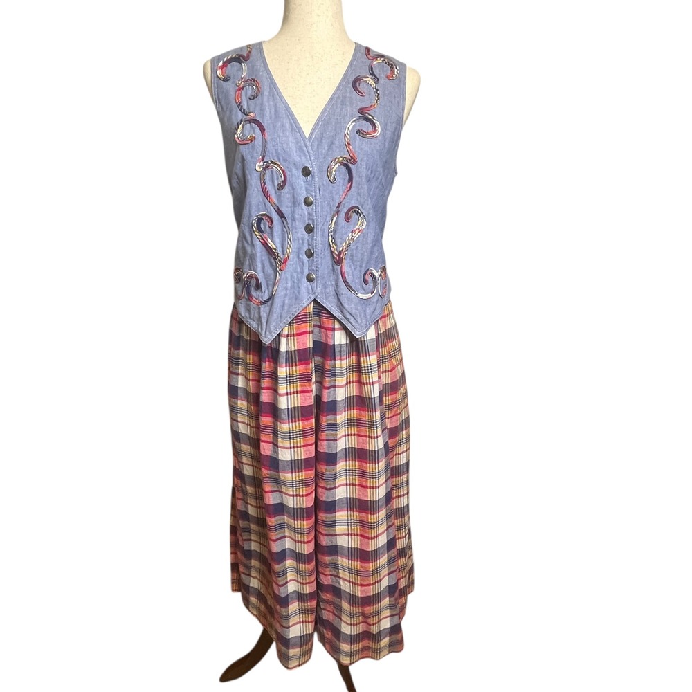 Vtg Lanz Salzburg Dress Madras Plaid Western Prairie Denim Chambray Teacher Sz 8